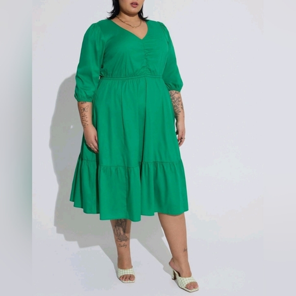 Torrid Kelly Green Midi Poplin Shirred Tiered Dress - Picture 2 of 12